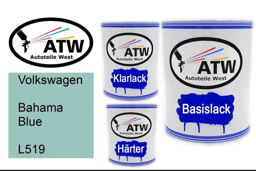 Volkswagen, Bahama Blue, L519: 1L Lackdose + 1L Klarlack + 500ml Härter - Set, von ATW Autoteile West.